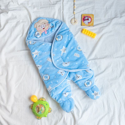 Teddy Printed & Hooded Baby Swaddle Baby Swaddle June Trading Lapis Blue  