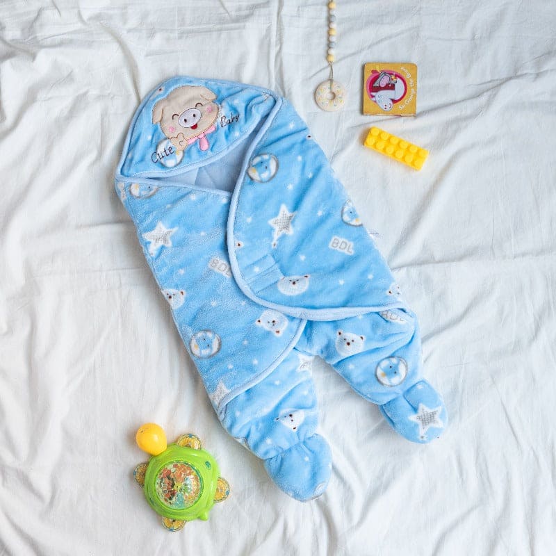 Teddy Printed & Hooded Baby Swaddle Baby Swaddle June Trading Lapis Blue  