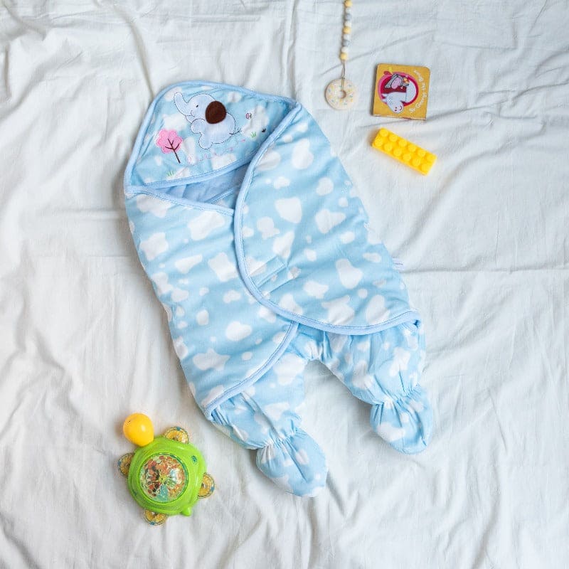 Cloud Printed & Hooded Baby Swaddle Baby Swaddle June Trading Sky Blue  