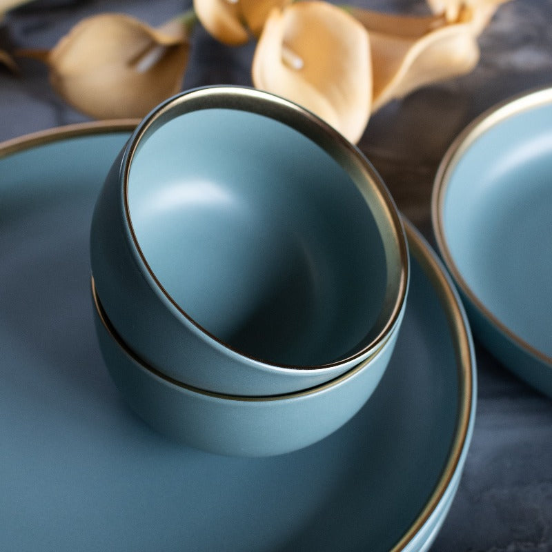 Glossy Finish Gold Rimmed Bowl Bowls June Trading Aegean Teal  