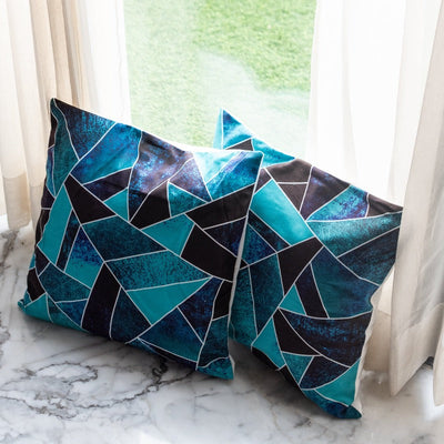 Blue Abstract Print Cushion Covers (Set of 2) Cushion Cover June Trading   