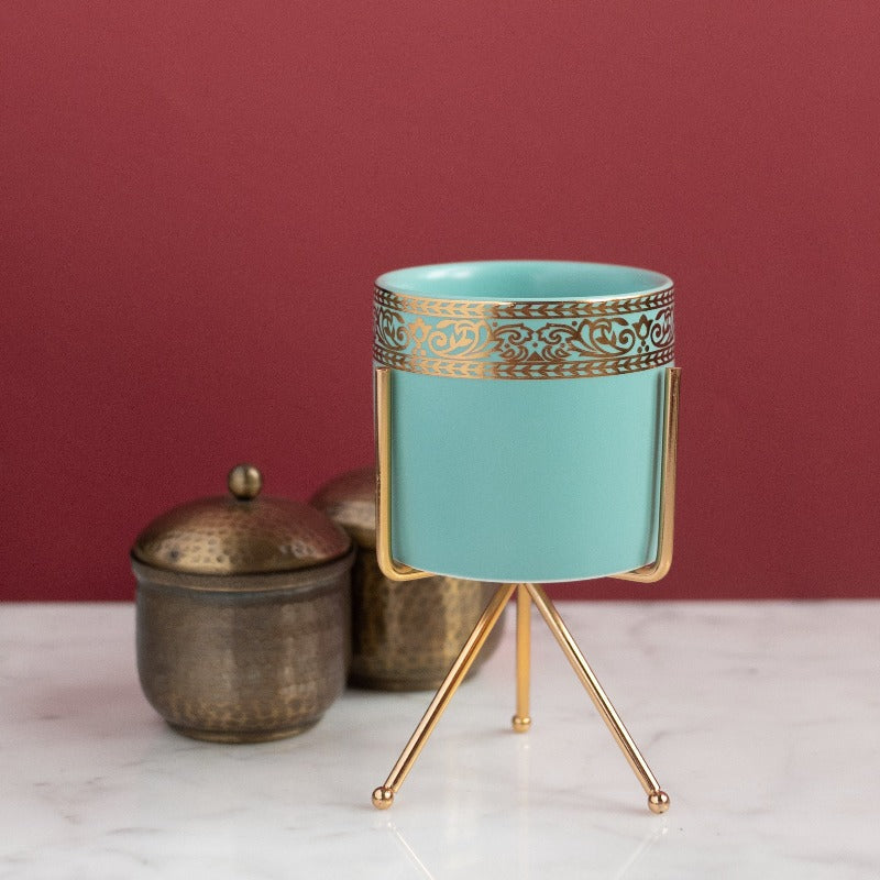 Gold Border Ceramic Vase Vases June Trading Cyan Blue  