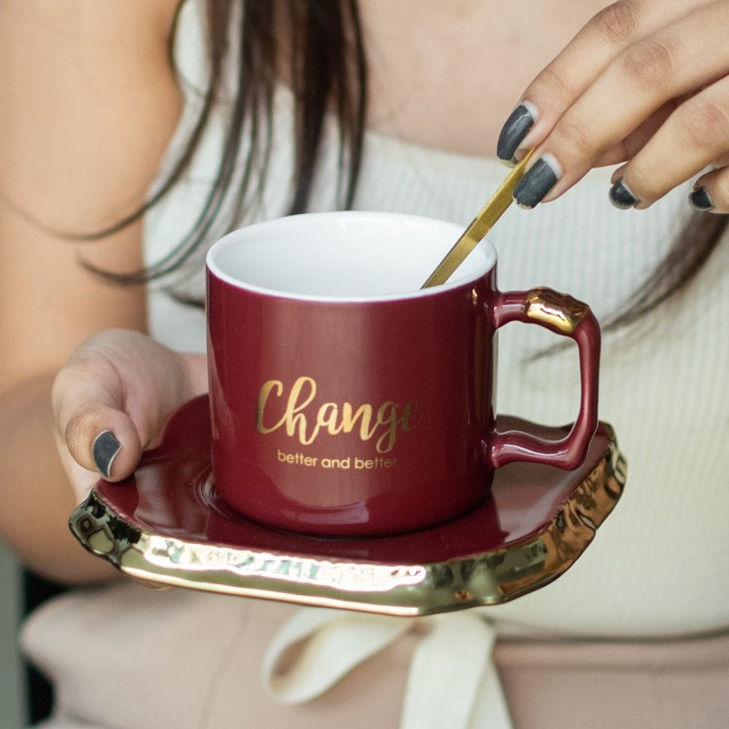 Elegant Gold Rimmed Coffee Cup Saucer Set Coffee Mugs June Trading Power Red  
