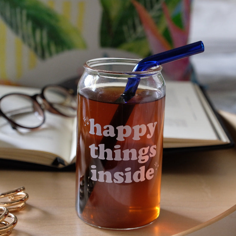 Happy Things Inside Can Glass with Blue Straw Glasses Eat Travel Splurge   