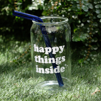 Happy Things Inside Can Glass with Blue Straw Glasses Eat Travel Splurge   