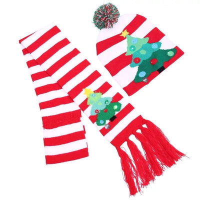LED Christmas Cap & Scarf Set Christmas Decor Coral Tree X'mas Tree In Red  