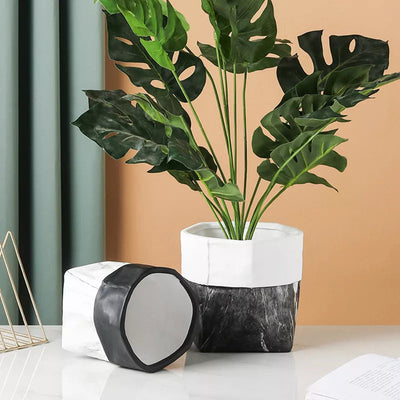 Marble Design Bag Shaped Planter Planters June Trading Black Top White Marble  