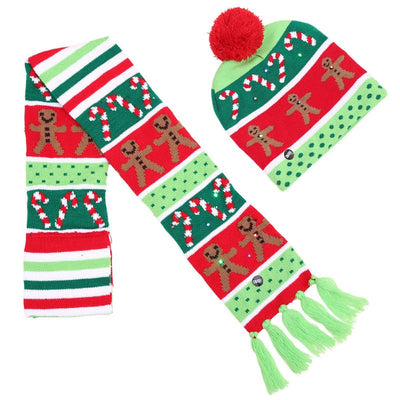 LED Christmas Cap & Scarf Set Christmas Decor Coral Tree X'mas Candies In Green  