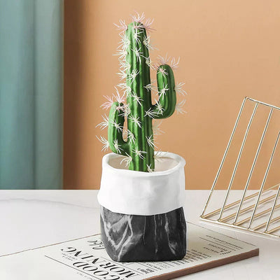 Marble Design Bag Shaped Planter Planters June Trading White Top Black Marble  