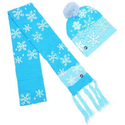 LED Christmas Cap & Scarf Set Christmas Decor Coral Tree Snowflakes In Blue  