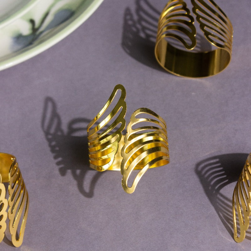 Feather Essence Gold Napkin Rings (Set of 6) Napkin Rings June Trading   