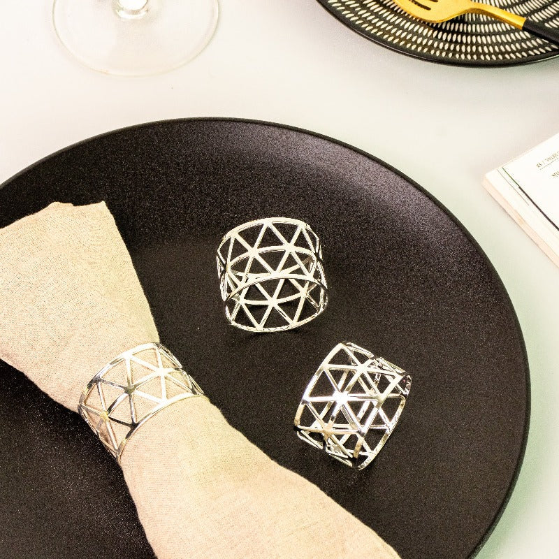 Melora Geometric Silver Napkin Rings (Set of 6) Napkin Rings June Trading   