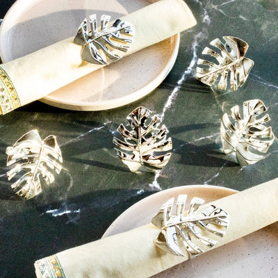 Monstera Leaf Silver Napkin Rings (Set of 6) Napkin Rings June Trading   