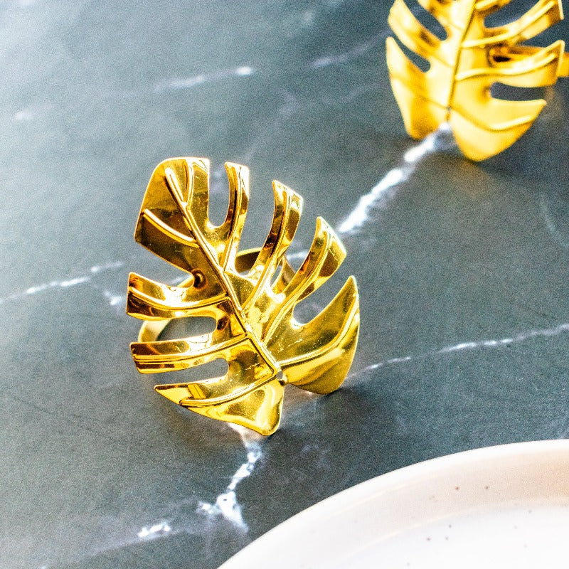 Monstera Leaf Gold Napkin Rings (Set of 6) Napkin Rings June Trading   