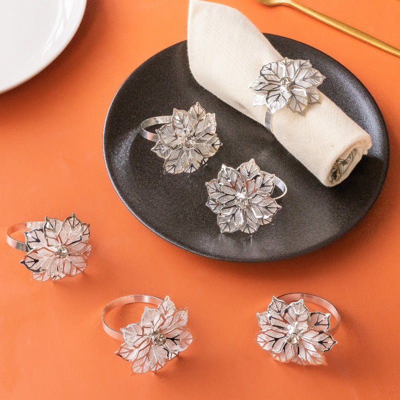 Luxury Flora Silver Napkin Rings (Set of 6) Napkin Rings June Trading   