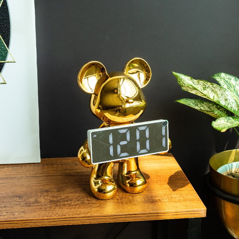 Metallic Bear Sculpture With Digital Clock Artifacts The June Shop Corn Gold  