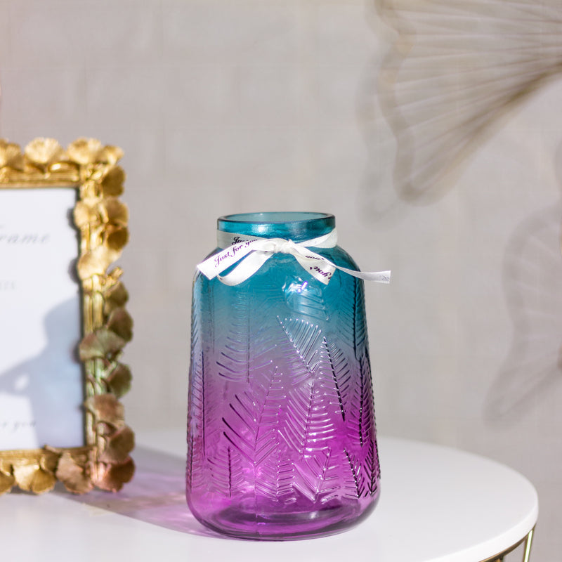 Leaves Embossed Gradient Glass Vase Vases June Trading Iris Blue Gradient  