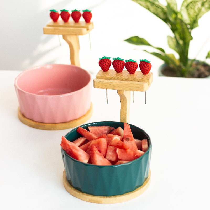 Snack Bowl With Wooden Mobile Stand & Food Picks