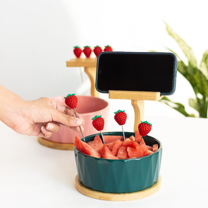 Snack Bowl With Wooden Mobile Stand & Food Picks Bowls June Trading Pine Green  