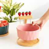 Snack Bowl With Wooden Mobile Stand & Food Picks Bowls June Trading Crepe Pink  