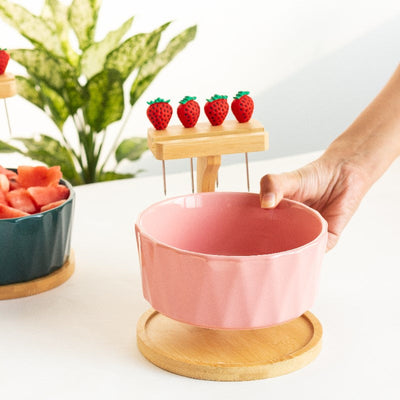 Snack Bowl With Wooden Mobile Stand & Food Picks Bowls June Trading Crepe Pink  
