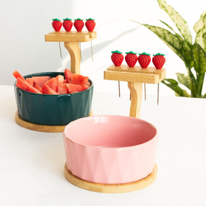Snack Bowl With Wooden Mobile Stand & Food Picks Bowls June Trading   