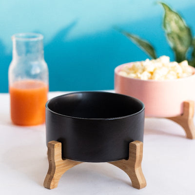 Savour Ceramic Bowl With Elevated Wooden Stand Serving Bowls June Trading Ebony Black  