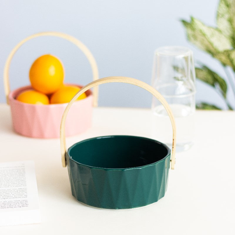 Nordic Snack Serving Bowl With Wooden Handle Basket June Trading Forest Green  