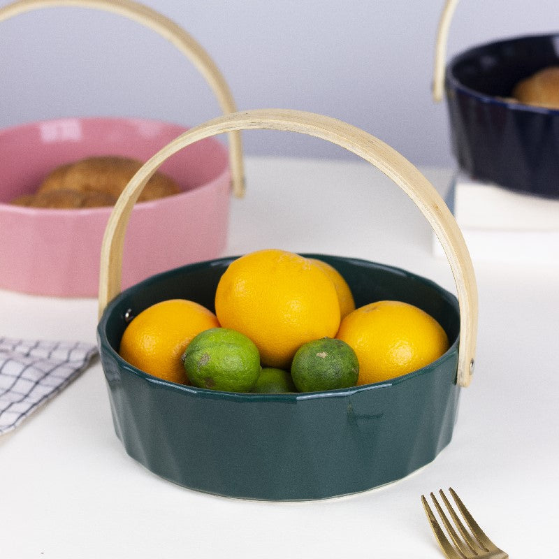 Relish Snack Serving Bowl With Wooden Handle Basket June Trading Basil Green  