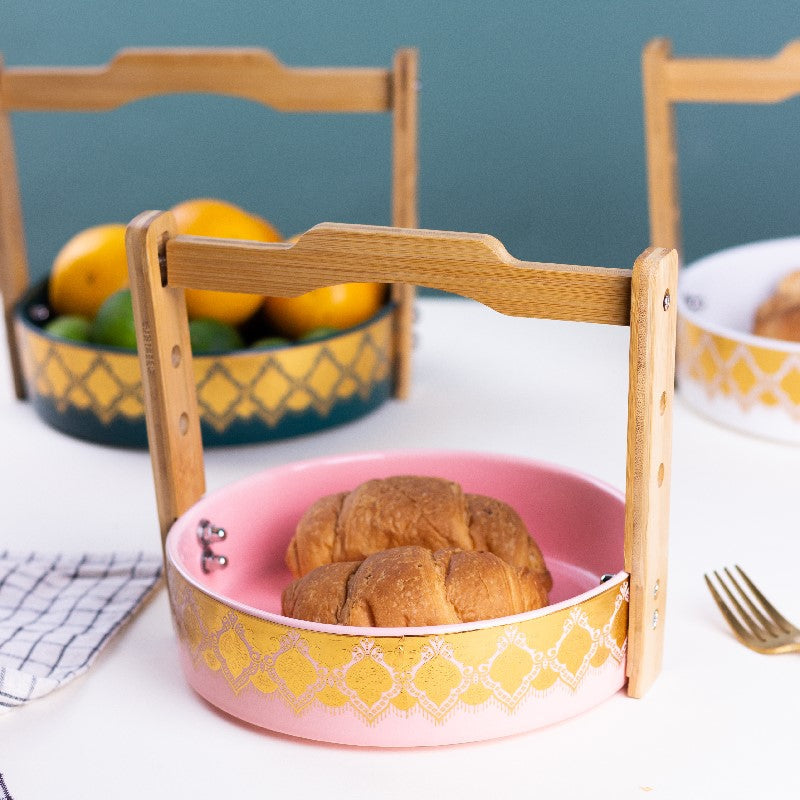 Traditional Accent Snack Serving Bowl With Wooden Handle Serving Platters June Trading Blush Pink  