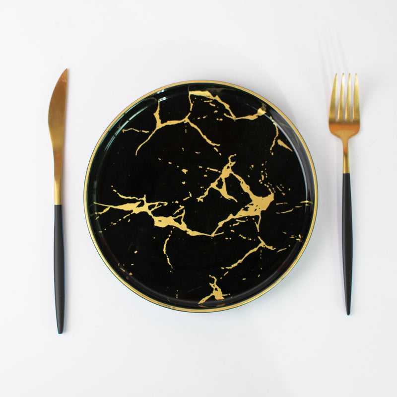 Gold On Black Marble Round Snack Plate (7 Inches) Starter Plates June Trading   