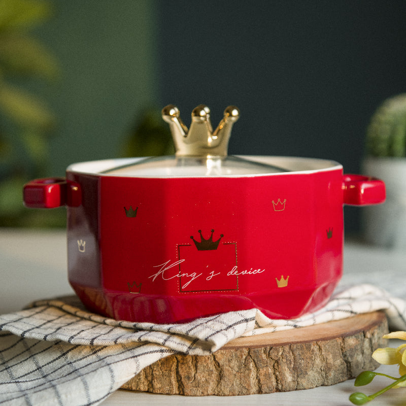 Crown On Top Ceramic Casserole with Lid Casserole June Trading Vibrant Red  