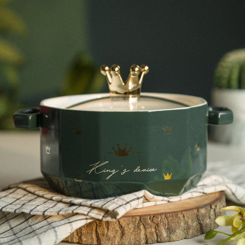 Crown On Top Ceramic Casserole with Lid Casserole June Trading Emerald Green  