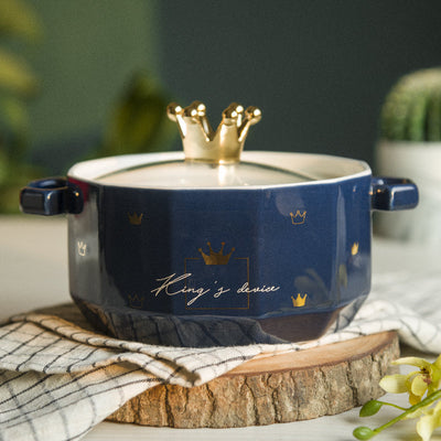 Crown On Top Ceramic Casserole with Lid Casserole June Trading Regal Blue  
