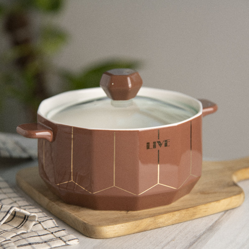 Classy Gold Design Ceramic Casserole with Lid Casserole June Trading Caramel Brown  