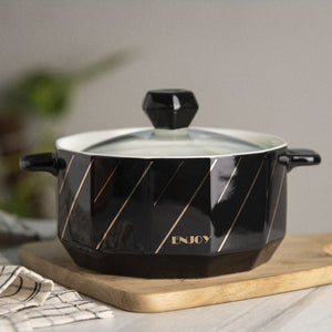 Classy Gold Design Ceramic Casserole with Lid Casserole June Trading Ink Black  