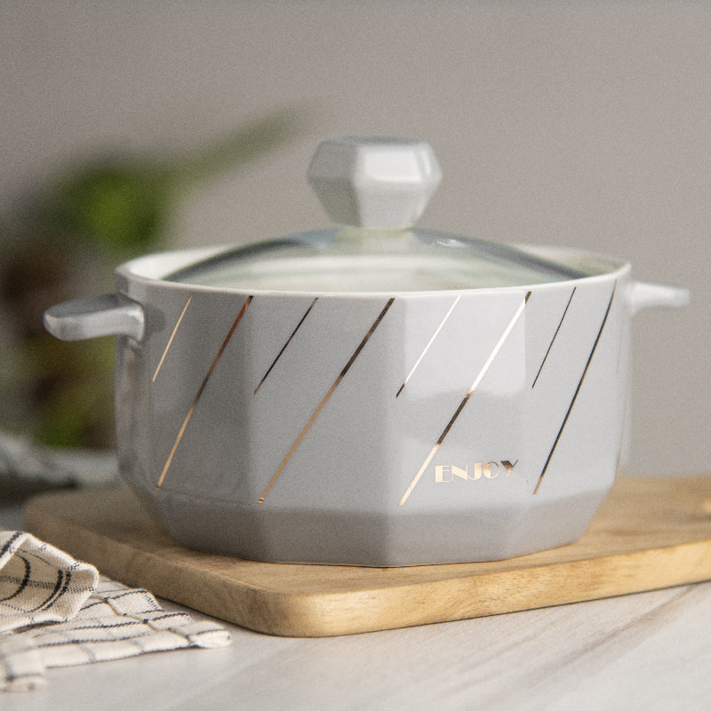 Classy Gold Design Ceramic Casserole with Lid Casserole June Trading Dove Grey  