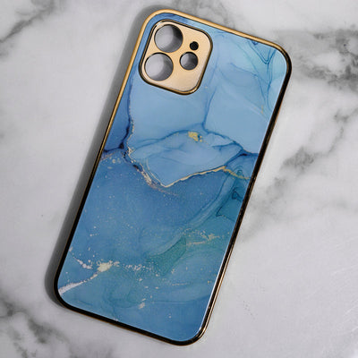 Marble Pattern Rose Gold Edge iPhone 12 Case iPhone 12 & 12 Pro June Trading Ocean Blue  