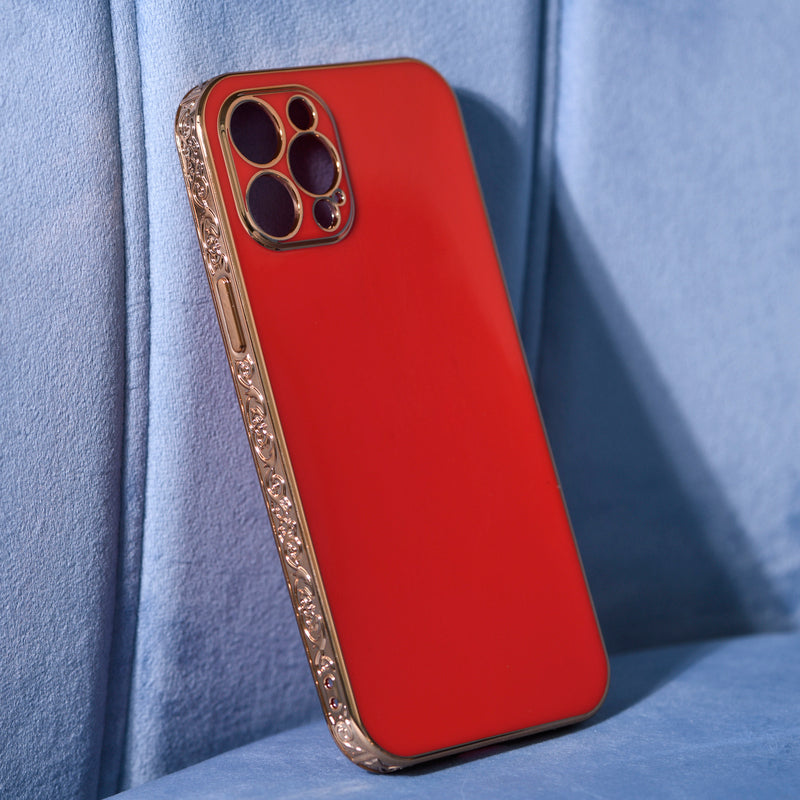 Rose Gold Carved Edge Luxury iPhone 12 Pro Max Case iPhone 12 Pro Max June Trading Cherry Red  