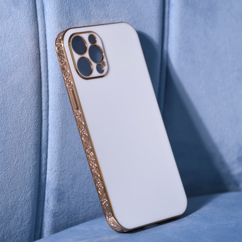 Rose Gold Carved Edge Luxury iPhone 13 Pro Case iPhone 13 Pro June Trading Pearl White  