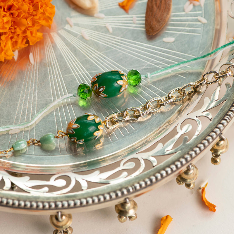 Green Vintage Stones - Traditional Rakhis For Bhaiya & Bhabhi (Set Of 2) Rakhis June Trading   