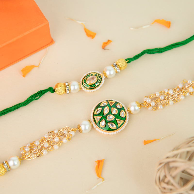 Natural Green Jadau Style - Traditional Rakhis For Bhaiya & Bhabhi (Set Of 2) Rakhis June Trading   