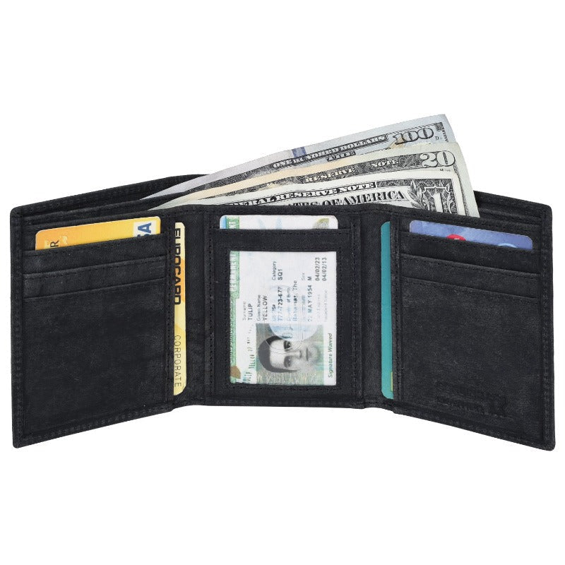 Hunter Leather Credit Cards ID Holder Trifold Wallet, Black Wallet Portlee   