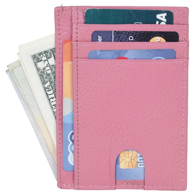 Genuine Leather Stylish Slim Atm Credit ID Card Holder Money Wallet for Men Women, Pink Card Holder Portlee   