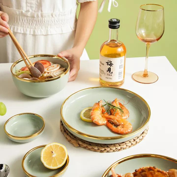 Nordic Sage Gold Rimmed Rice Plate Pasta Bowl June Trading   