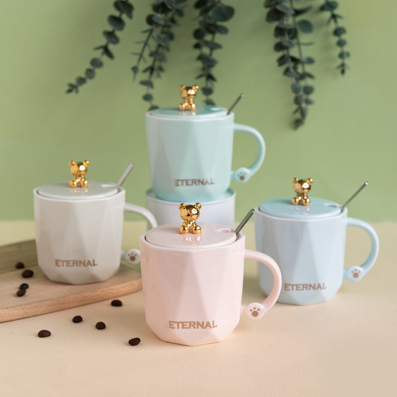 Cute Teddy Coffee Cup With Lid & Spoon Coffee Mugs June Trading   