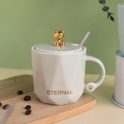 Cute Teddy Coffee Cup With Lid & Spoon Coffee Mugs June Trading   