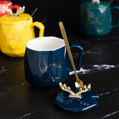 Nordic Reindeer Ceramic Mug With Lid Coffee Mugs June Trading Admiral Blue  