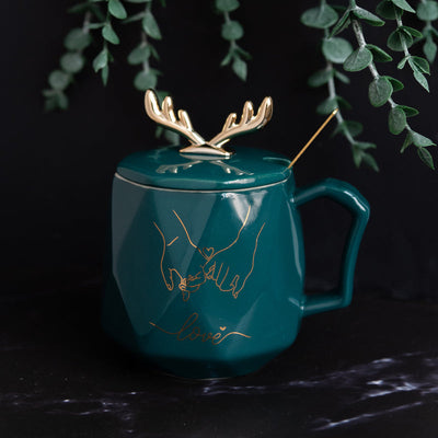 Nordic Reindeer Ceramic Mug With Lid Coffee Mugs June Trading Olive Green  