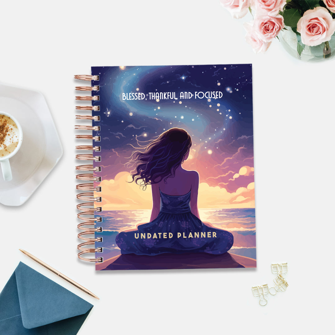 Undated Yearly Planner - Blessed, Thankful & Focused + Ultimate Sticker Book